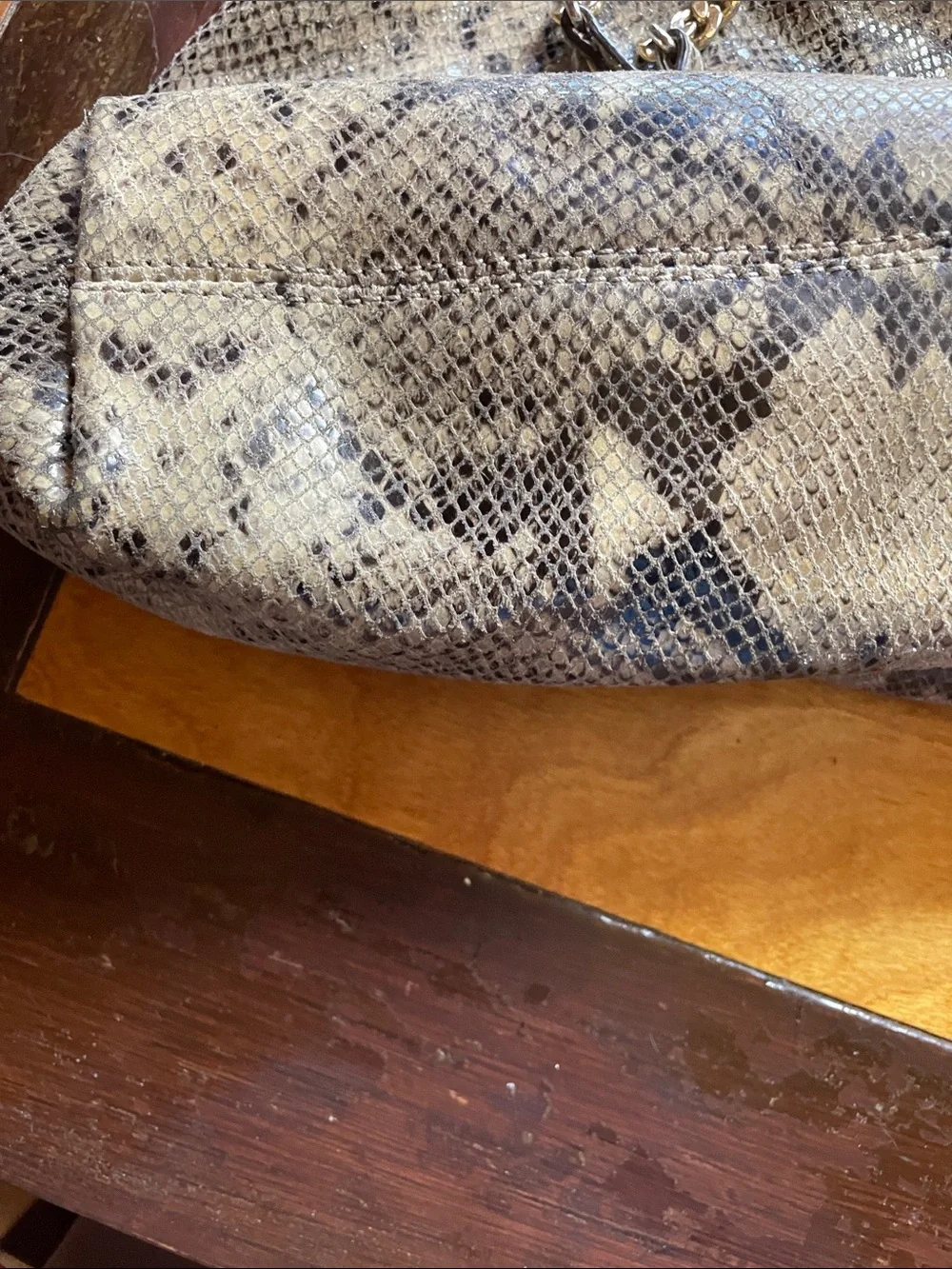 Michael Kors Snake-Print Shoulder Tote in Taupe and Black with Gold Hardware